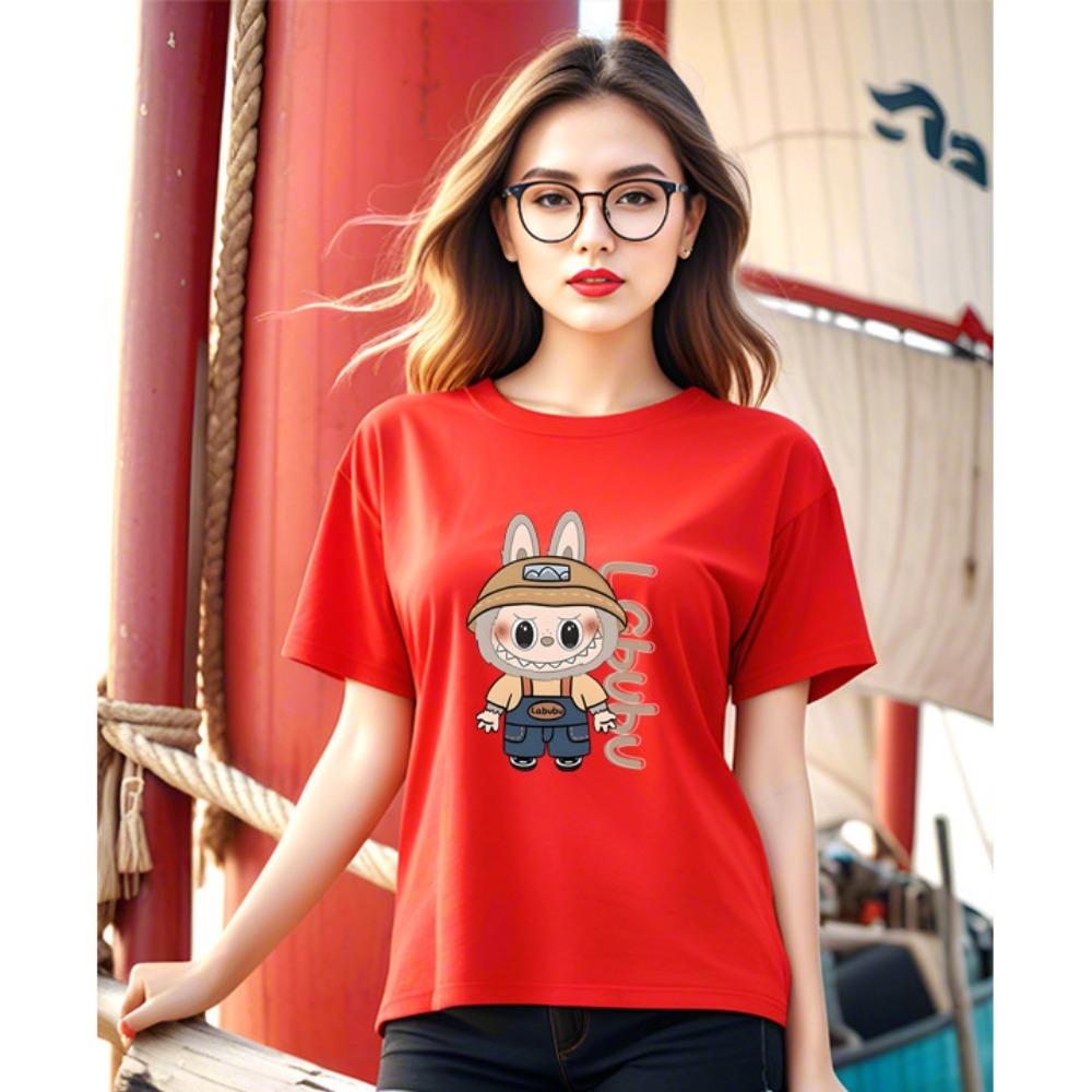 

LABUBU Printed Women s Round Neck Short Sleeve Fashion Versatile with Straw Hat LABUBU Pattern T-shirt Summer Casual Multiple Color Styles Top 6XL