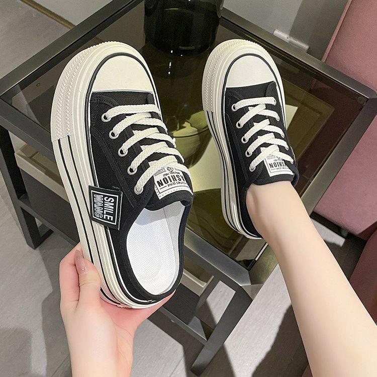 Women's Outer Bag Head Half Slippers Canvas Shoes 2025 Summer Internet Celebrity Explosion Thick Sole Heel Sandals