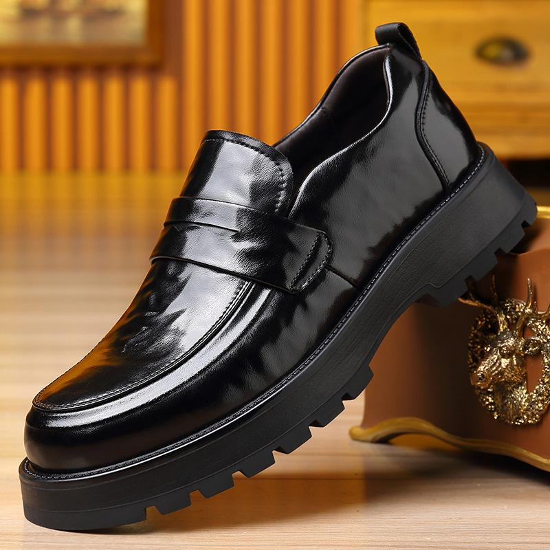 Men Slip-On Loafer Dress Shoes Black Leather Chunky Thick Sole Round Toe Business Casual Non-Slip Walking Office Shoes For Man