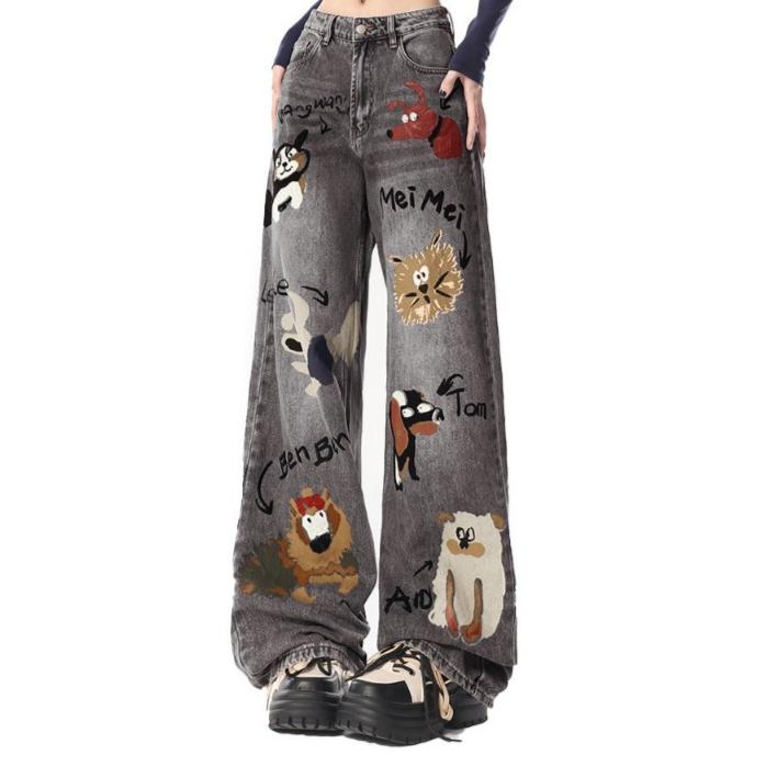 

Осень-зима Новые мешковатые джинсы женские американские High Street прямые женские джинсы с рисунком женские брюки с высокой талией S чёрный