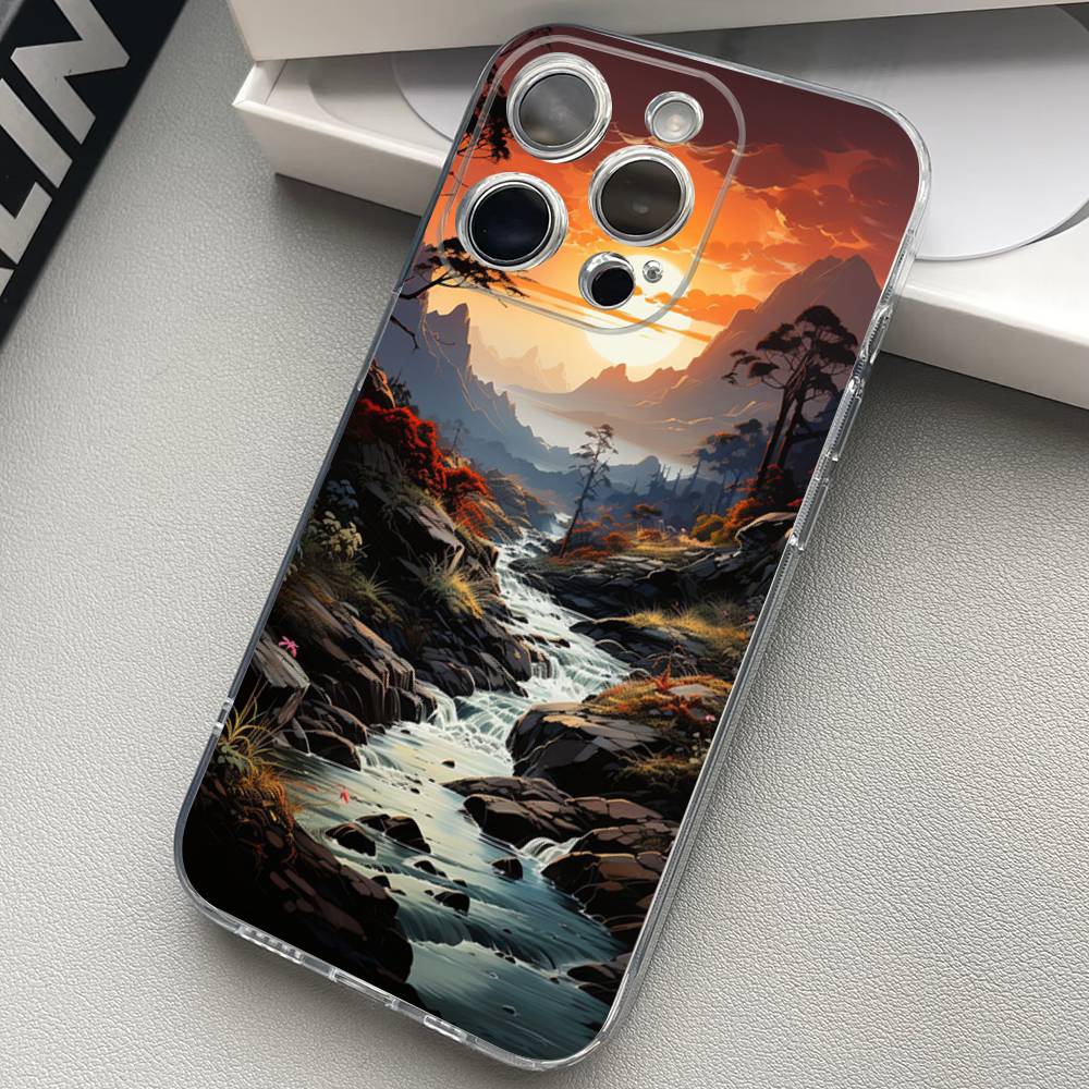 Landscape Painting Transparent Back Phone Case For iPhone 17 16 15 13 12 11 14 Pro Max Mini Plus Silicone Bumper