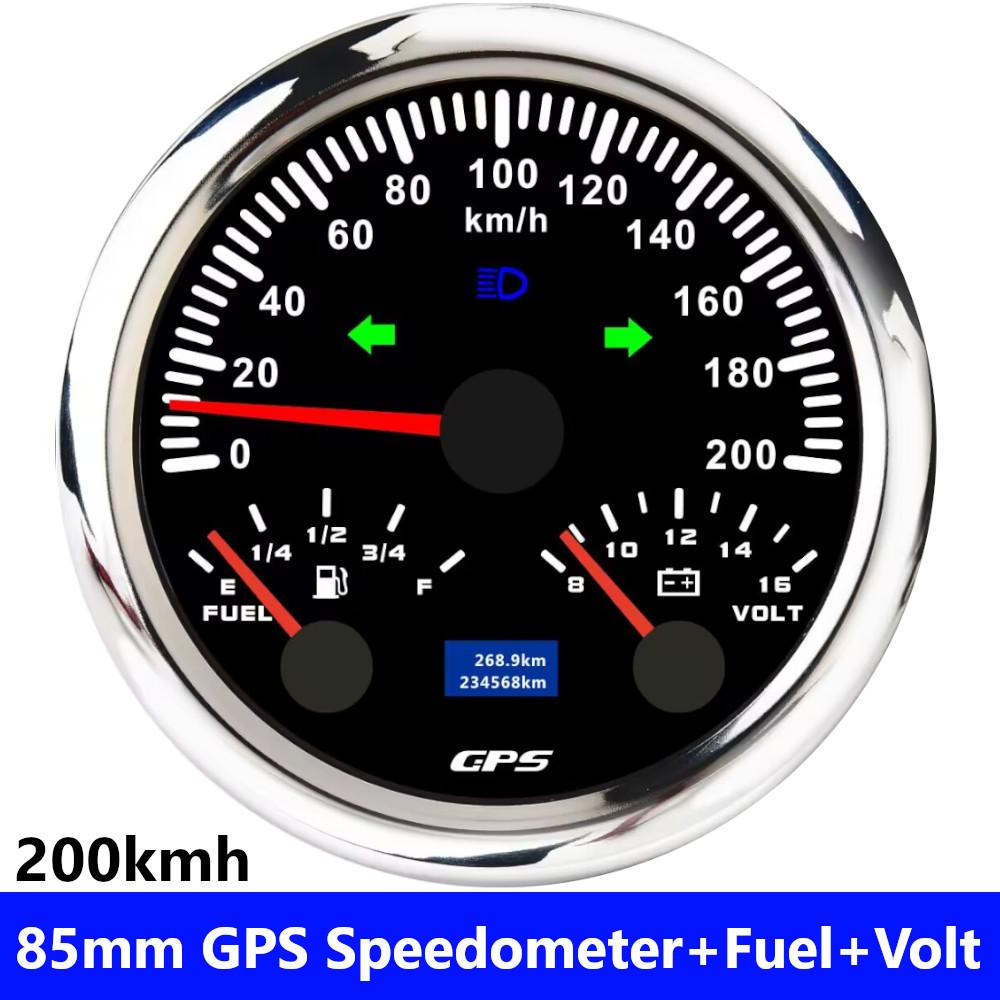 85mm 3 IN 1 Gauge 120kmh 200km/H GPS Speedometer+Fuel Level Meter+Voltmeter VOLT Speed Meter For 12V 24V Car Marine Boat Truck