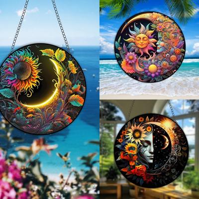 Sun Moon Flower Hanging Sign Round Indoor Outdoor Front Door Window Wall Art Acrylic Welcome Plate Pendant Decoration