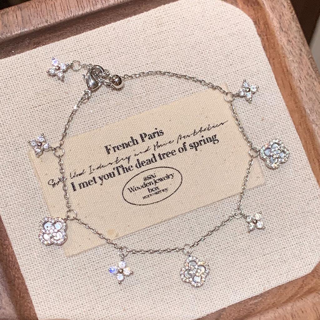 Vintage Französisches Zirkon Perlmutt Kleeblatt Floral Armband für Damen