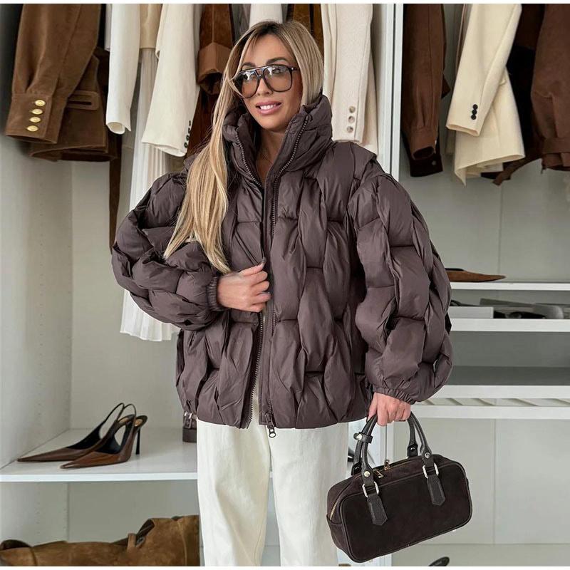 Stand-up Collar Zipper Rhombic Cotton-padded Jacket Women's Solid Color Winter Padded Jacket To Keep Warm Short Tops Colors To Choose From Jackets