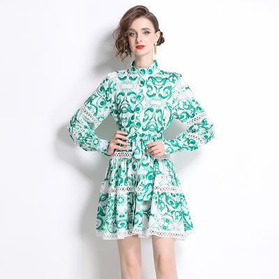 Spring Autumn Women's Single Breasted Print Hollow Out Lace Pathwork Party Dresses