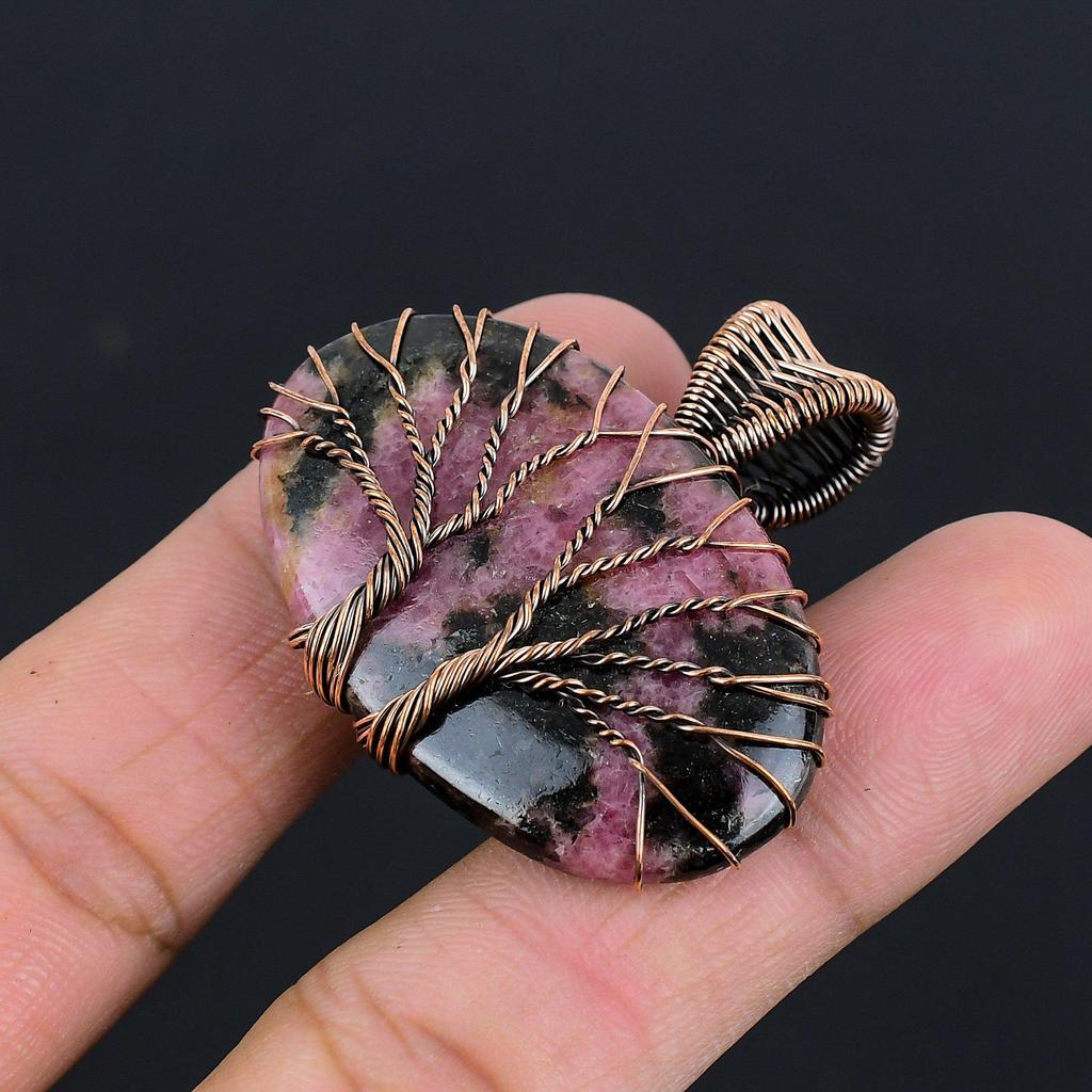 Rhodonite Gemstone Pendant | Oxidized Copper Wire Wrapped | Necklace Pendant | Handmade Copper Pendant Jewelry Gift For Her/himLC-306