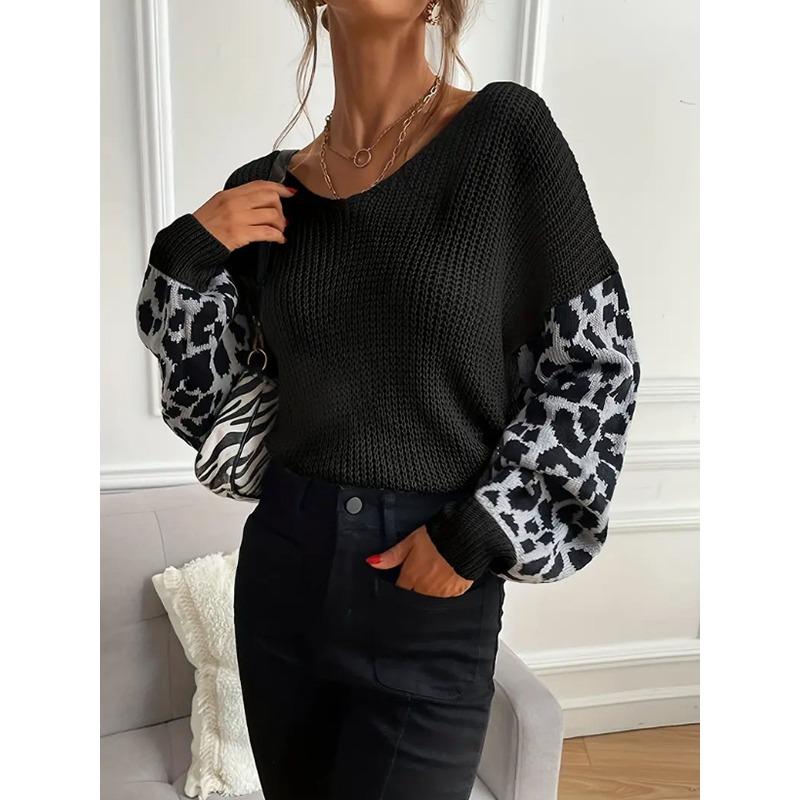 Harajuku Leopard Printing Stitching V-neck Sweater Autumn Winter Casual Loose Knitted Sweaters Tops for Women Bottoming Pullover