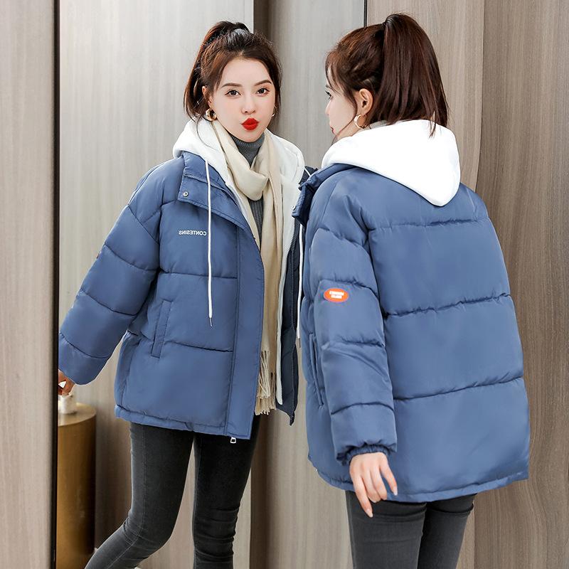 Short cotton-padded women's 2 new cotton-padded winter large size loose thickened fake two-piece knitted hat down cotton bread jacket