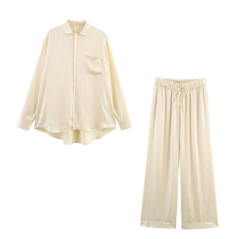 Kaslead New Arrival Women's Fashion Air Outlet Pocket Decoration Satin Shirt Casual Pants 7823147 7824147