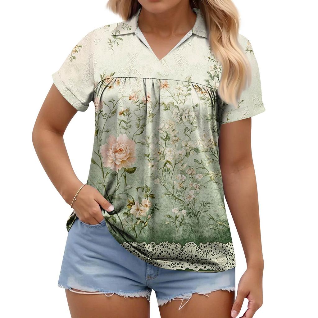 Women's Fashion Casual Printed V-Neck Short Sleeve Large Size T-Shirt Top
