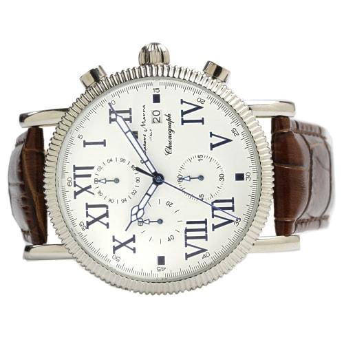 Salvatore Marra Men's Chronograph Watch with Leather Strap, Water Resistant to 5 ATM, White and Dark Brown, SM19109-SSWHDBR2