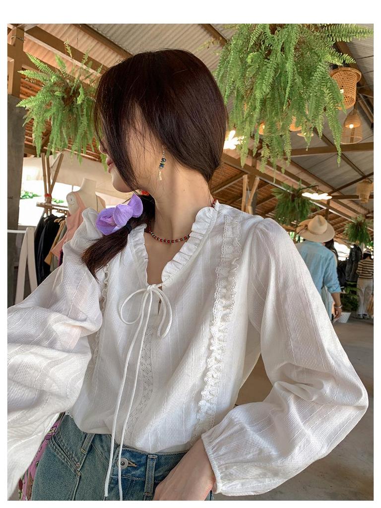 Petite Chic French Lace-up Collar Shirt for Women – White Blouse for Spring/Autumn