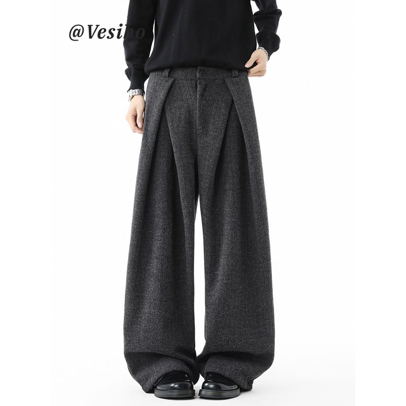 Old Money Style Deconstructed Woolen Trousers for Men, Winter Heavyweight Vintage Warm Wide-Leg Long Pants, High Street Pleated Casual Pants