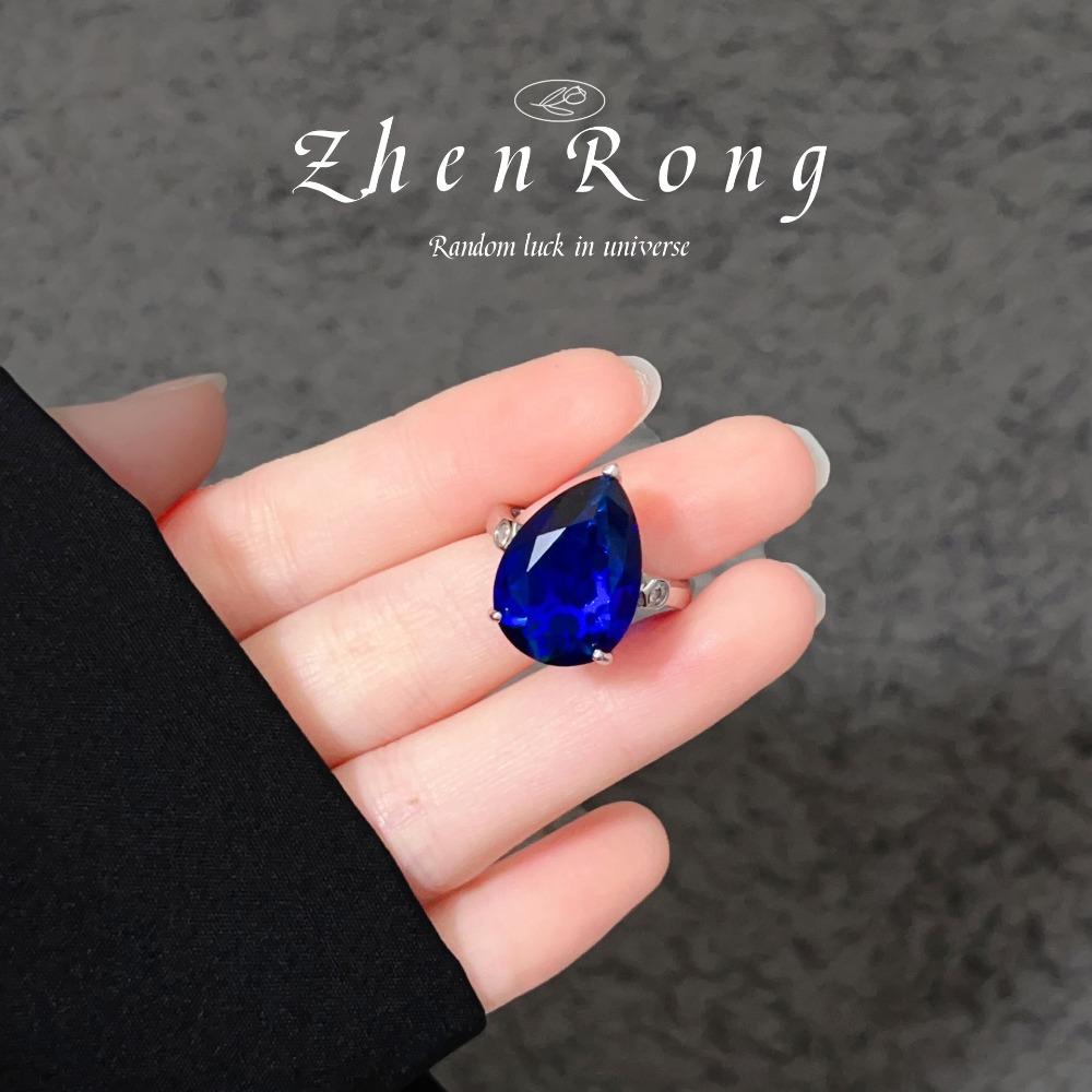 Luxury Women Jewelry Set Blue Sapphire Pendant Necklace Vintage French Style Drop Earrings Ring Gemstone Gift Set