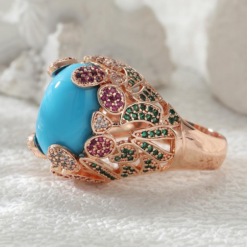 Vintage Inlaid Blue Stone Multicolored CZ Women's Ring Ethnic Gold Color Hand Carving Daily Wear Party Jewelry Anniversary Gift