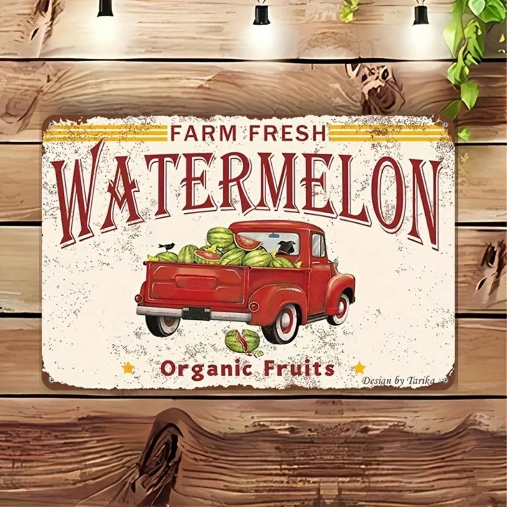 Vintage Farm Fresh Watermelon Metal Sign, Rustic Farmhouse Wall Decor, Weather-Resistant Indoor Outdoor