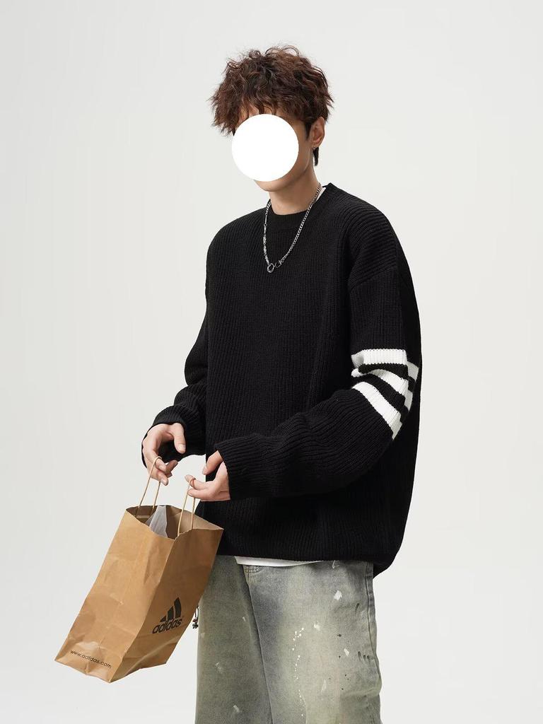 Men's Trendy Solid Color Round Neck Knitted Sweater - Autumn/Winter Casual Long Sleeve Korean Style Base Layer