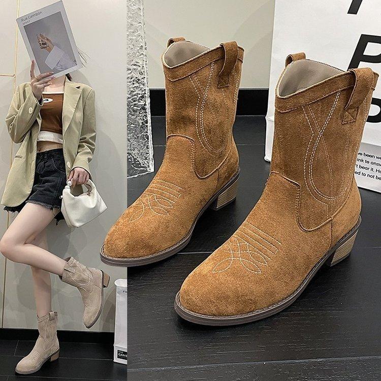 Color-rubbing medium tube square and pointed fashion boots autumn and winter new models go out retro style versatile V-mouth women's boots