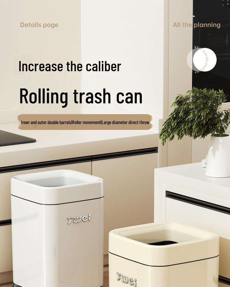 Dual-Use Square Trash Can with Wheels - Light Luxury Wastebasket for Kitchen & Bathroom, Large Capacity