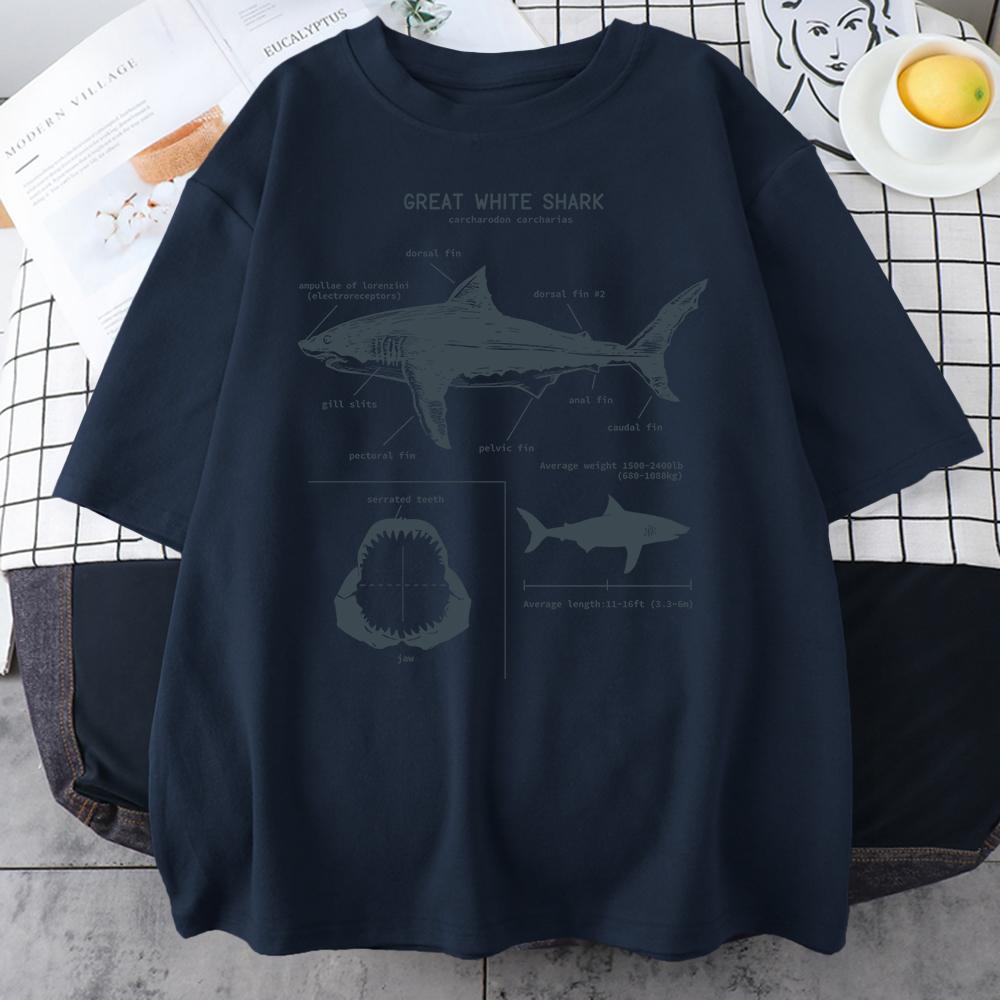 Great White Shark Anatomy T-Shirt New Summer Men Street Short Sleeve Hip Hop Punk Style Boy Casual Tops Oversize White Tees