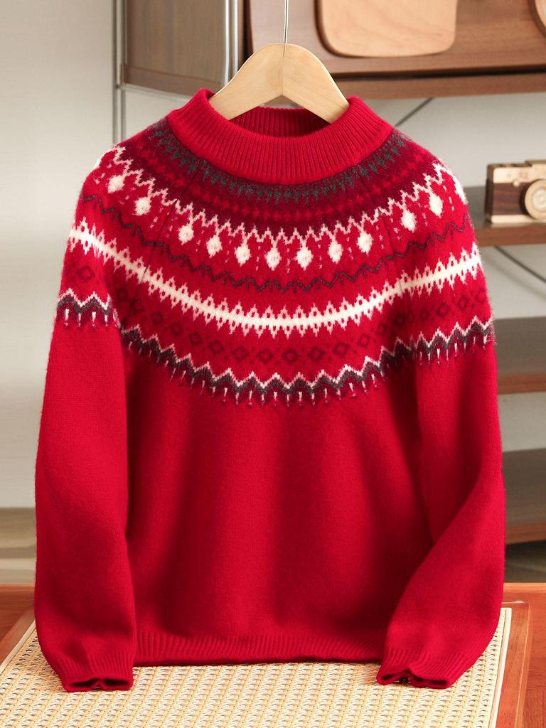 Maglione in Lana Fair Isle per Bambini - Spesso, Caldo, Stile Retro Rosso per Autunno/Inverno Ragazzi e Ragazze