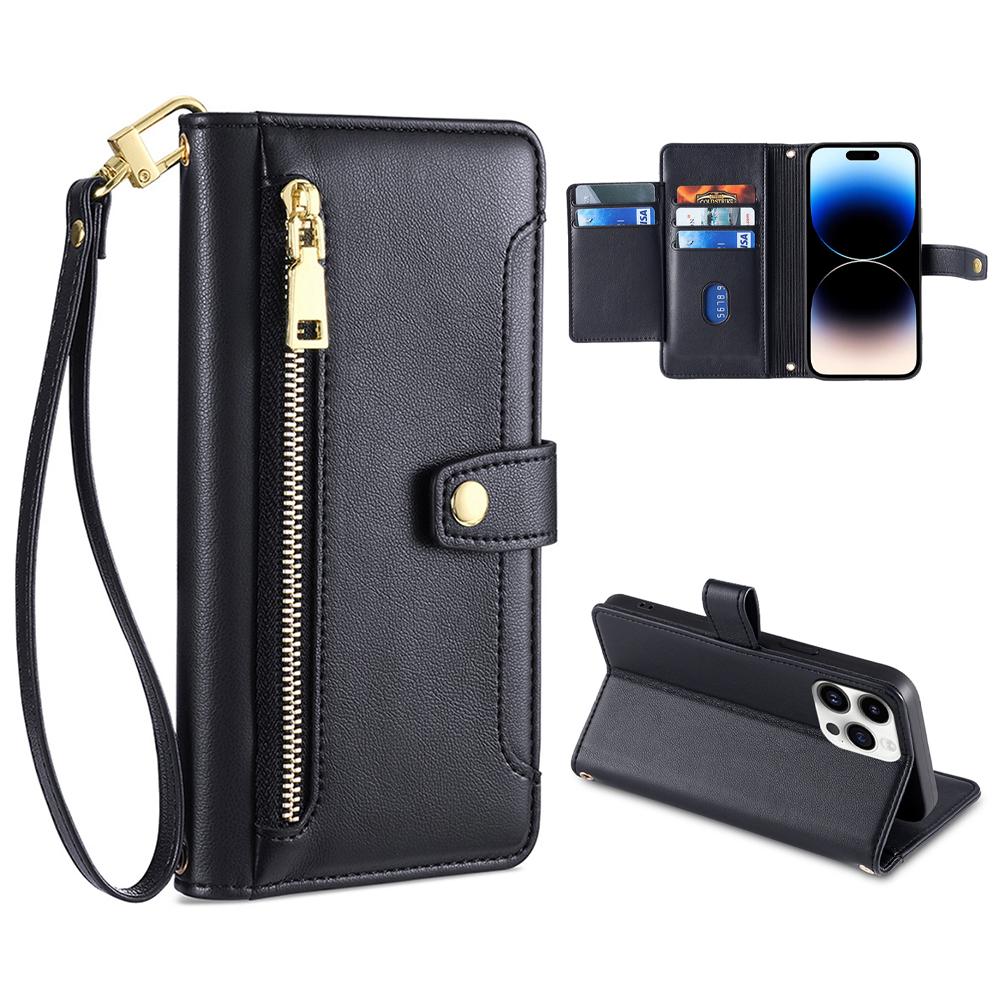 For iPhone 14 Pro Max PU Leather Stand Case Zipper Pocket Phone Cover with Wrist Strap and Shoulder Strap