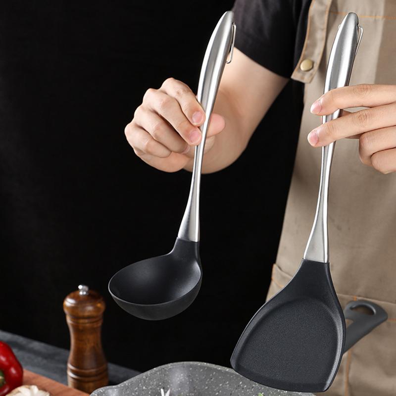 Non-Stick Silicone Cooking Spatula Turner Large Soup Spoon Ladle Stainless Steel Handle Serving Spoon Kitchen Cooking Utensils
