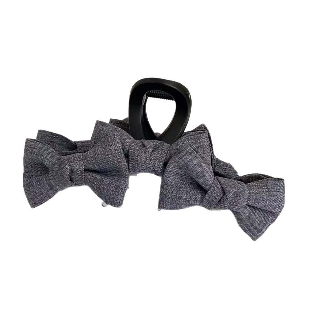 Grey Double Bow Claw Clip - Elegant Large Fabric Hair Accessory
