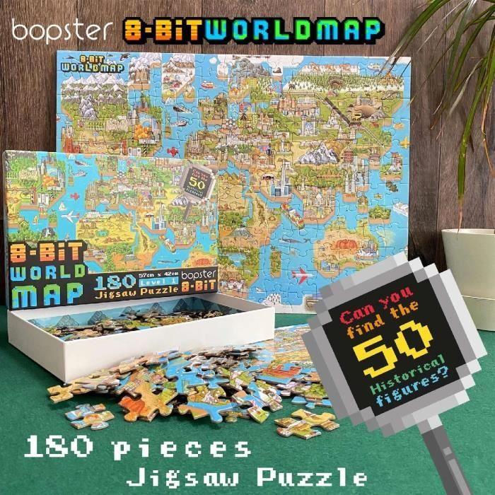 Puzzle carte du monde 8 bits - bopster - 180 pièces - effet pixel rétro