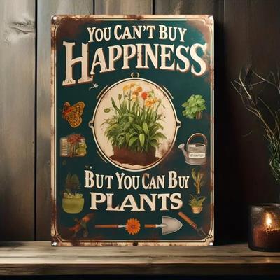 Vintage Metal Tin Sign You Cant Buy Happiness But You Can Buy Plants Rustic Teal Floral Wall Decor for Home Garden