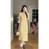 Yellow dress pure wind floral sweet slim temperament dress full lace square collar medium and long inner skirt