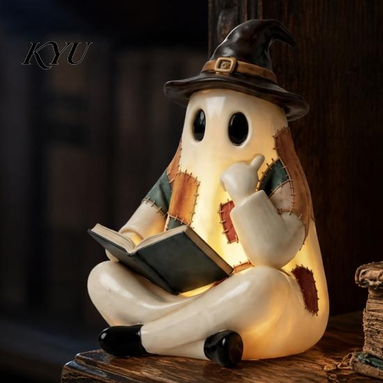 Decoratieve Geest voor Vensterbank Verlichte Vintage Patchwork Geest, Lezende Boek Beeldje, Halloween Lamp Decoratie, Gepersonaliseerde Cadeau Ideeën Schattige Herfst Nacht