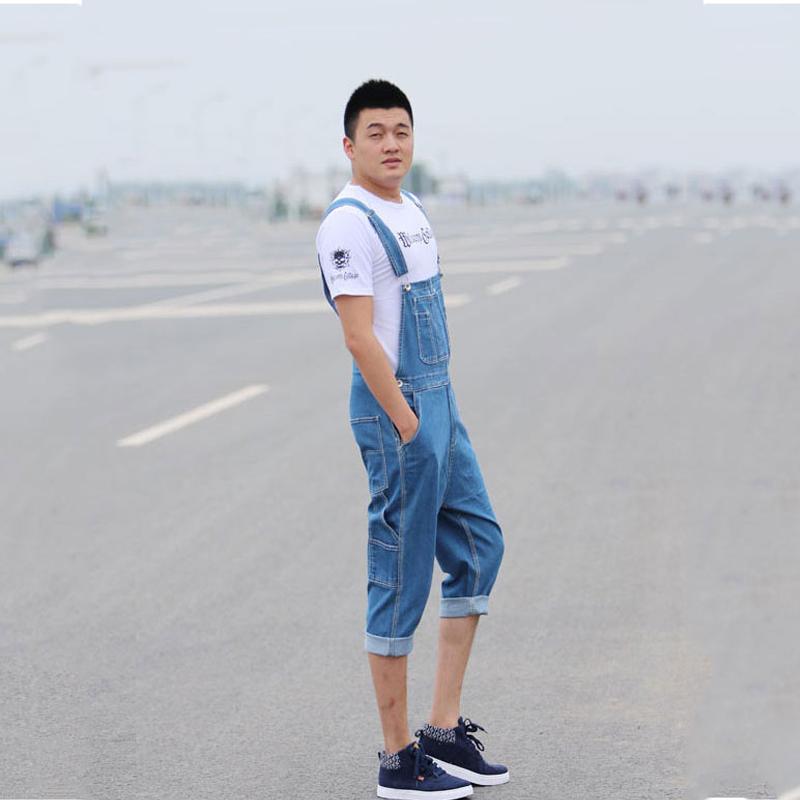 Men's Denim Overalls Large Size Strap Straight Pants Light Blue Shorts