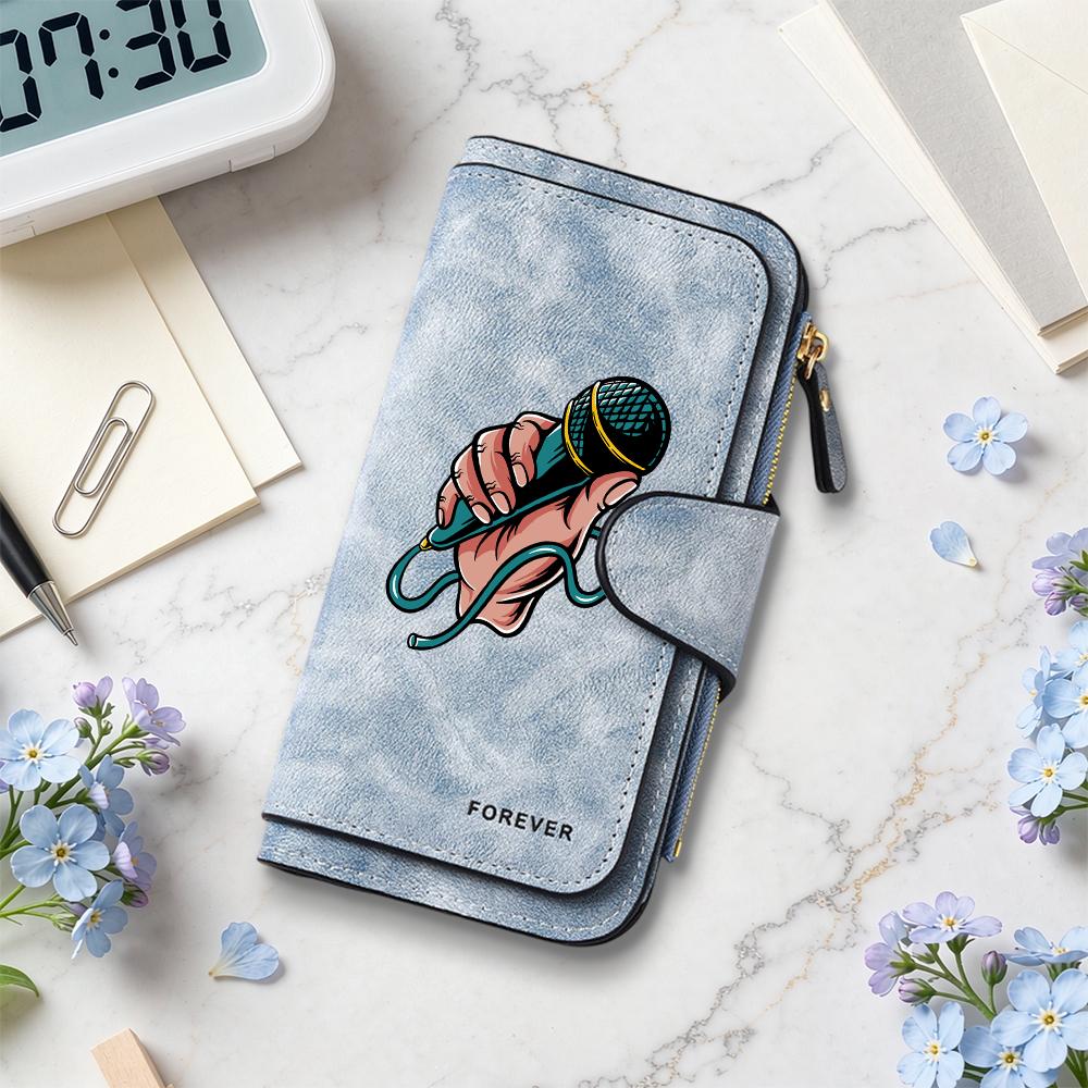 Fashion Handheld Mic Pattern Long Wallet Forever Multi Card Slot Zipper Purse