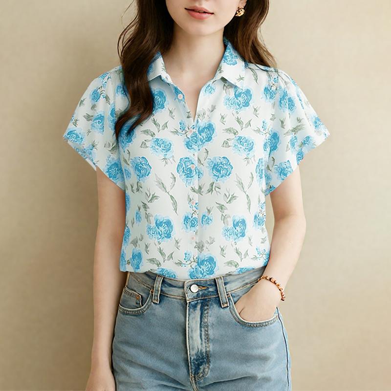 

VONDA Summer Women Short Sleeve Floral Print Casual Shirts Blouse 5XL синий
