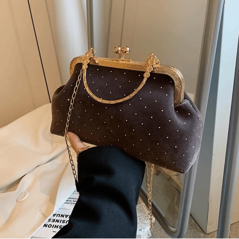 Elegant Rhineste-encrusted Evening Clutch Purse Top-handle Solid Color Crossbody Bag Chain Strap Shoulder Bag