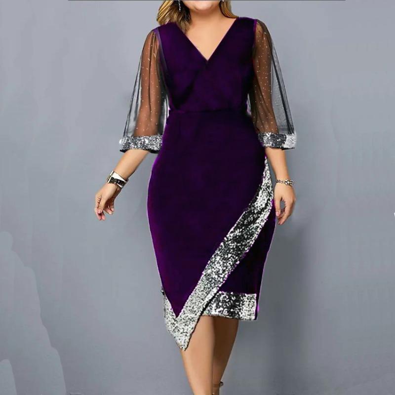 Fashion Elegant Irregular Sequins Women Dress Perspective Mesh Short Sleeve V-neck Bodycon Party Women's Dresses Plus Size Female Women's Clothing