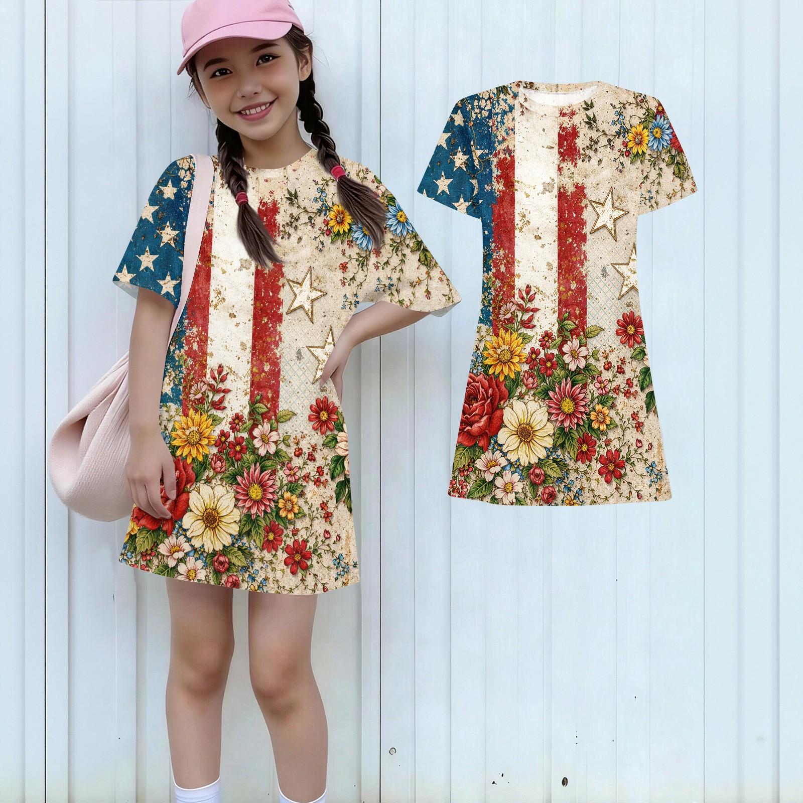 Girls Independence Day Print Casual Dress Kids Loose Round Neck Short Sleeve Thin Sundress 100