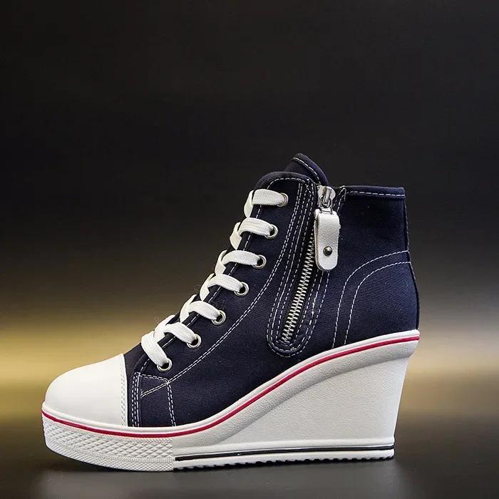 Kobiety z ukrytym klinem niewidoczne buty na obcasie brezentowe buty na koturnie z bocznym zamkiem zwiększone dorywczo wysokie oddychające trampki na platformie