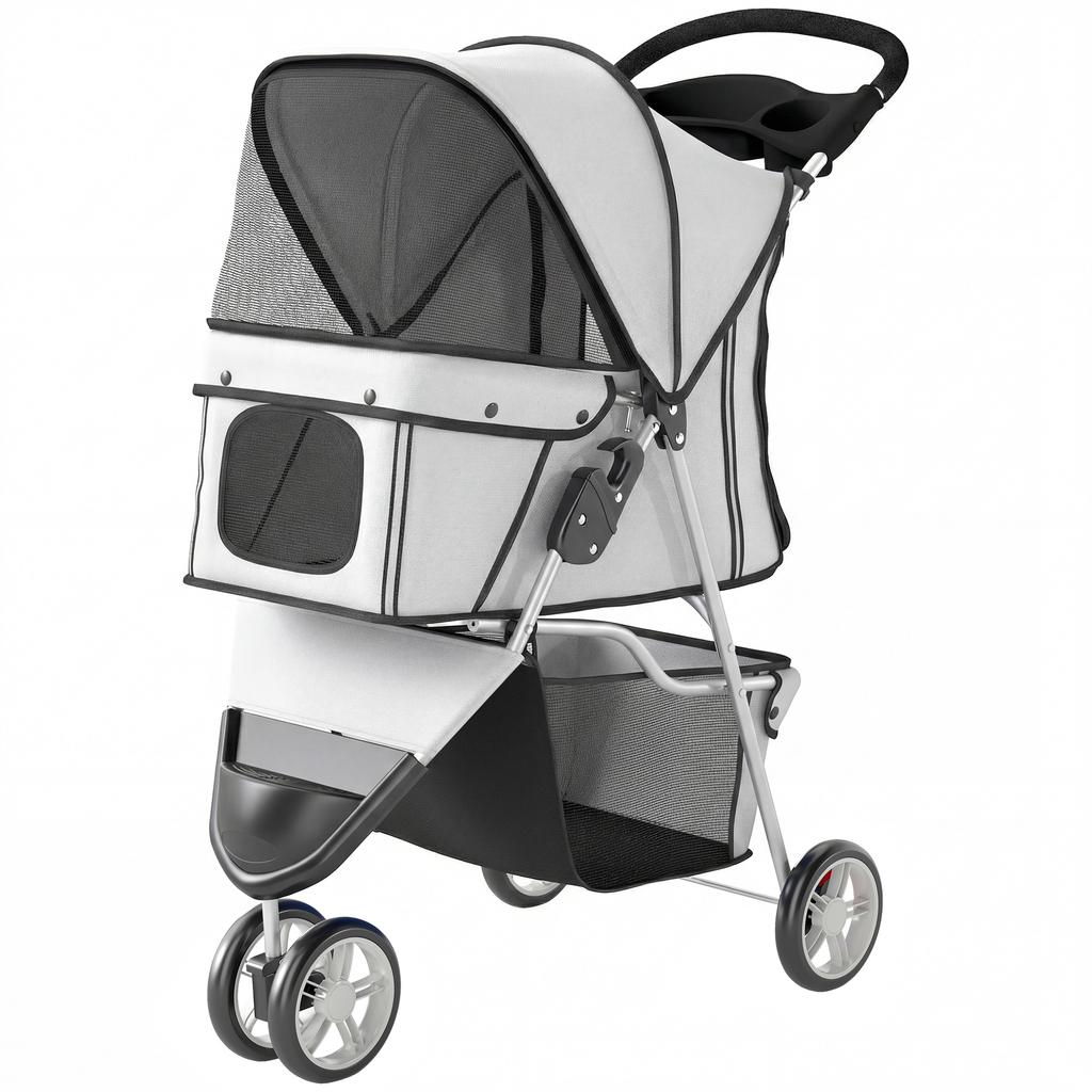 Dog Stroller, 3 Wheels Foldable Pet Stroller with Adjustable Canopy, Storage Basket for Small Mini Breeds, Grey