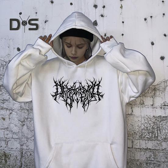Fall Winter Unisex Hoodie Drawstring Elastic Cuff Thorn Print Thick Fleece Patch Pocket Loose Long Sleeves Pullover Warm Top
