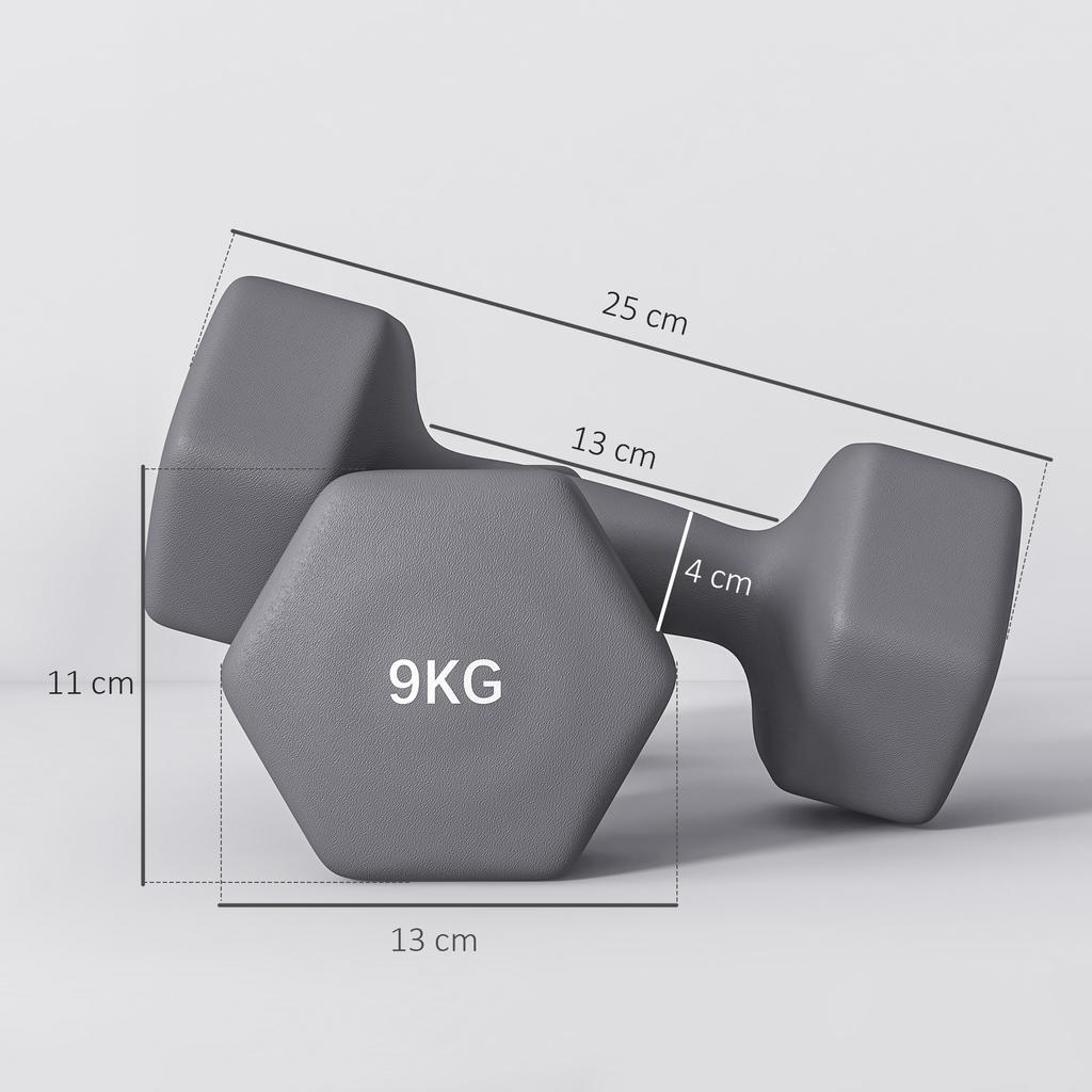 Set of 2 Hexagonal Dumbbells 9 kg in Metal and Plastic with Non-Slip Grip, 25x11x11cm, Grey
