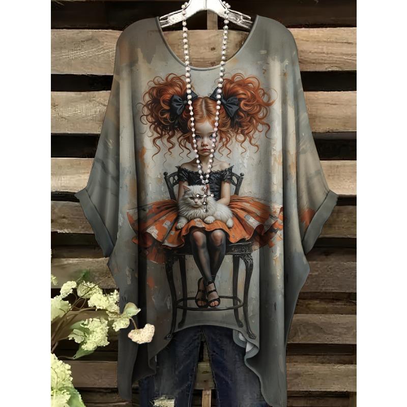Summer Fashion New Arrivals Plus Size Round Neck Cat Girl Print T-Shirt 1XL