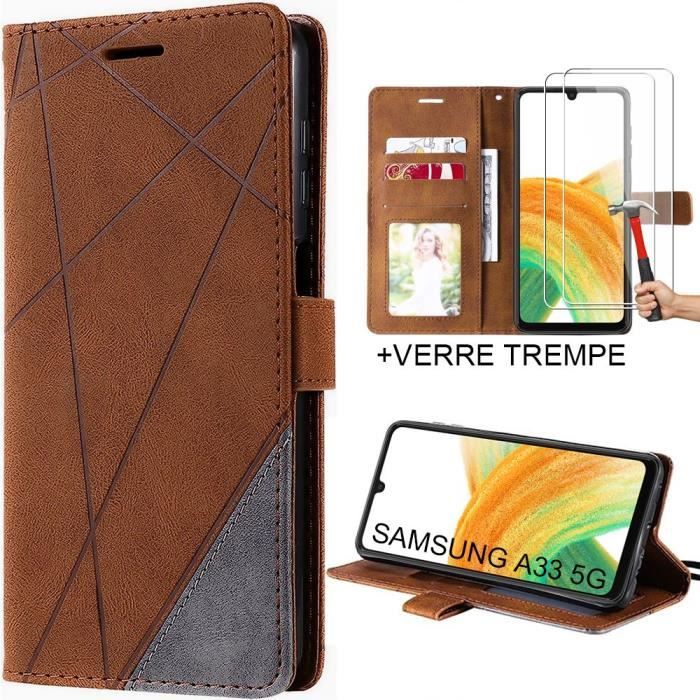 Coque pour Samsung Galaxy A33 5G + 2 Verres Trempés - BOOLING - Effet Cuir Antichoc Intégral Marron