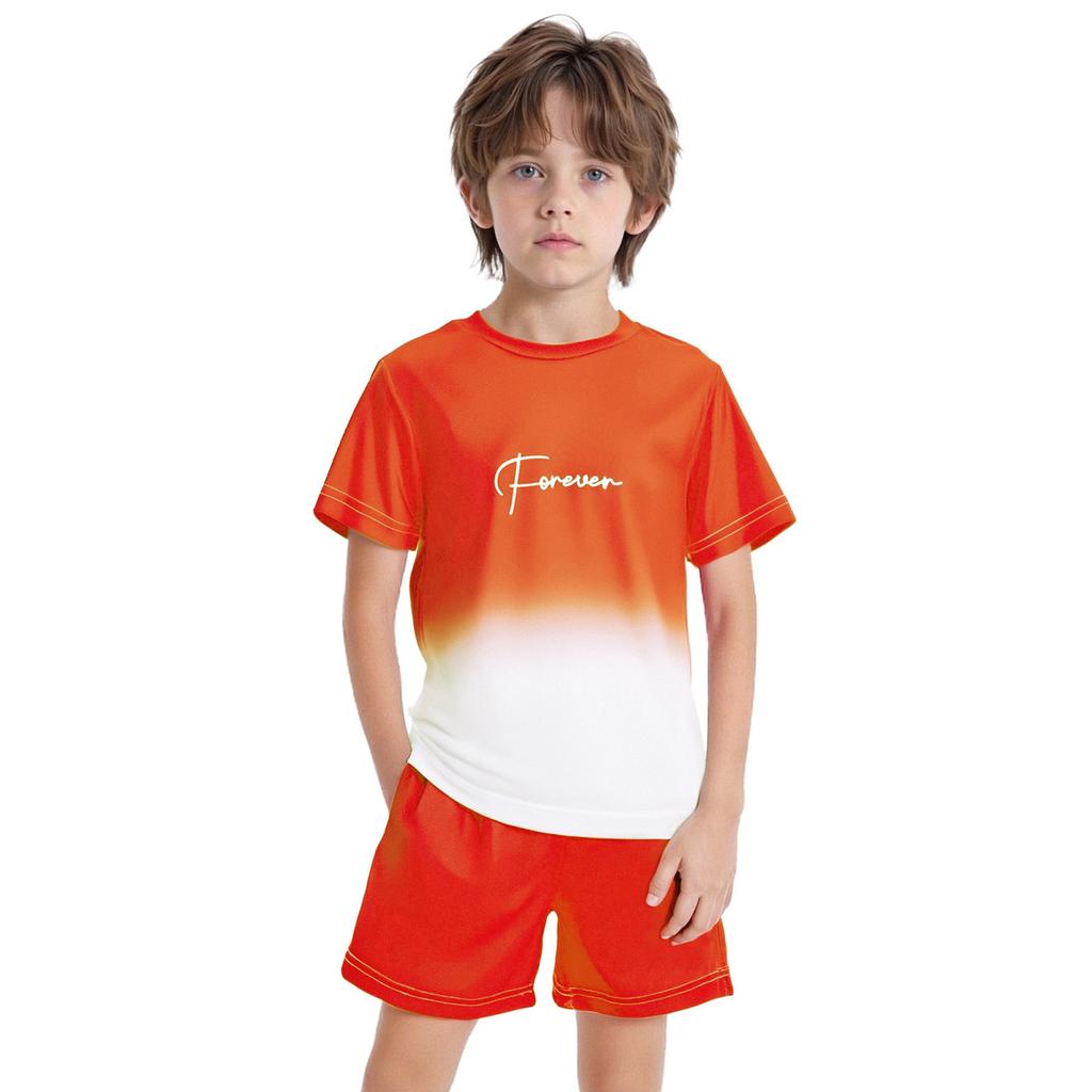Boys Letter Print Gradient Sports Set Quick Drying Short Sleeve T-Shirt Drawstring Elastic Waist Shorts