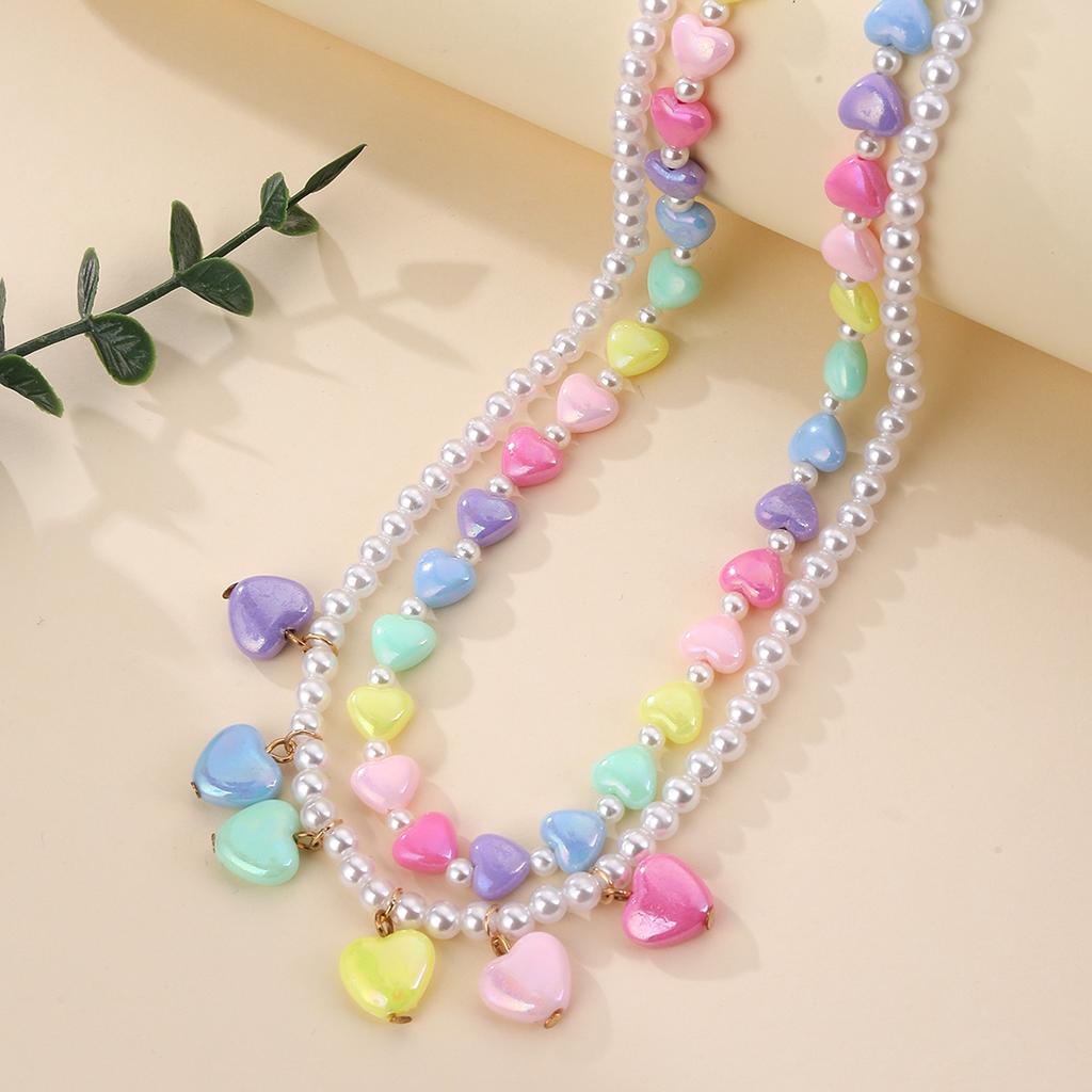 2pcs Pastel Heart Beaded Pearl Necklace Set – Kawaii Colorful Layered Choker for Girls, Cute Y2K Jewelry