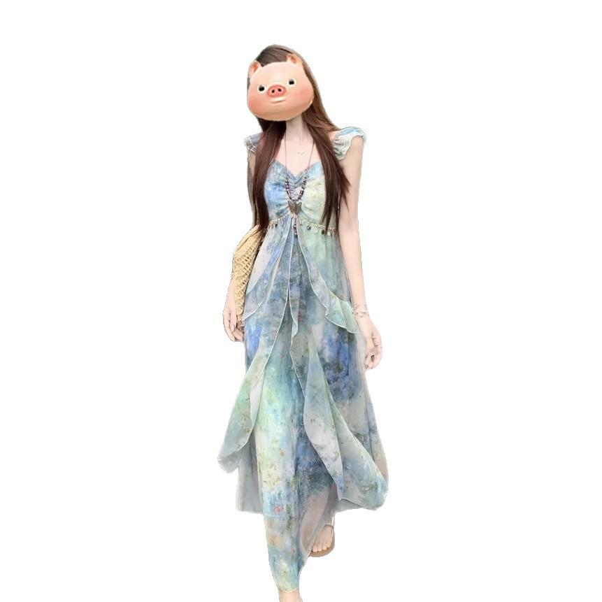 Seaside Resort Style Flutter Sleeve Camisole Dress - Women's Summer 2026 Waist-Cinched Irregular Fairy Dress