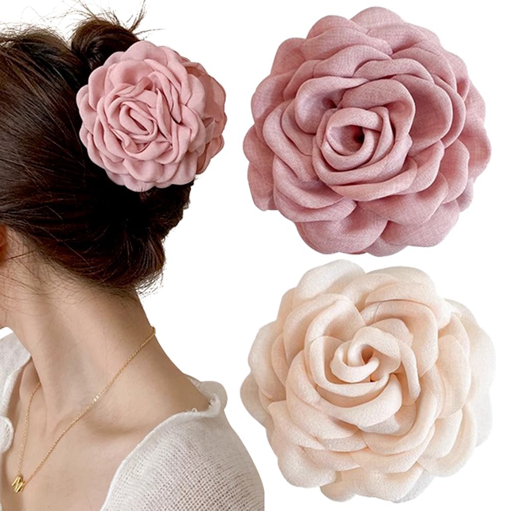 ZIBUYU® 2PC Flower Claw Clip, Large Non Slip Clutchers for Hair Half-Up Styles Acrylic Hair Accessories for Women Girls(Lotus pink + apricot)