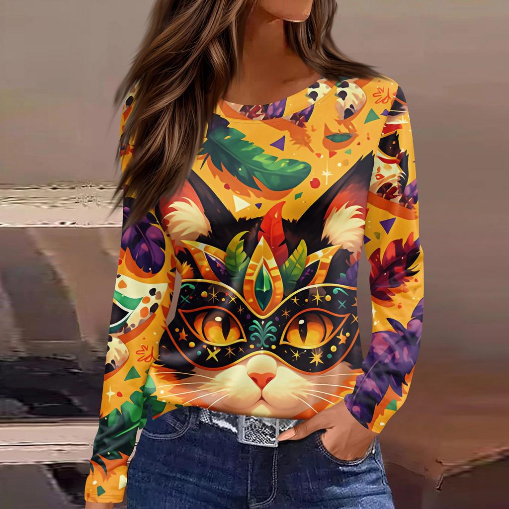 Women's Fashion Casual Slit Hem Round Neck Long Sleeve Loose Printed T-Shirt Top